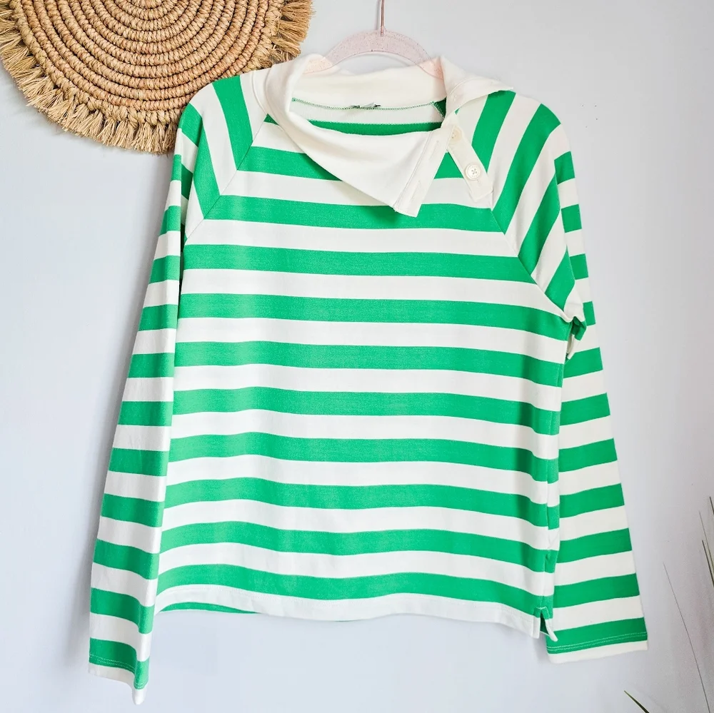 J. Crew Kelly Green Striped Wide Button Collar Rugby Sweatshirt SZ Medium Preppy - Picture 2 of 13